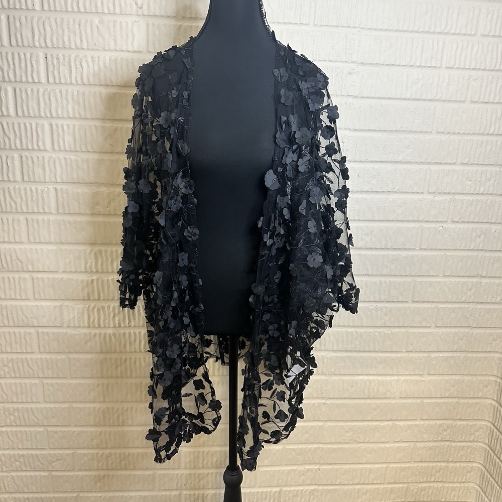 NWT Rachel Zoe Black 3D Floral Applique Mesh Kimono Cardigan OS Sheer Light